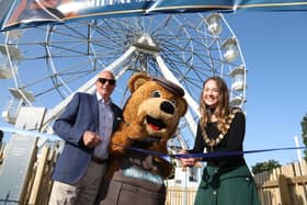 Oliver WIcksteed, chairman of Wicksteed Charitable Trust, Wicky Bear and Mayor of Kettering Cllr Emily Fedorowycz
