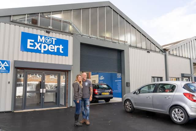 Leanne and Ross Laurence outside 60 St James Mill Road, the new MOT Expert training centre