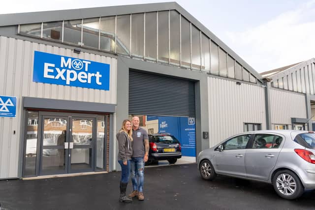 Leanne and Ross Laurence outside 60 St James Mill Road, the new MOT Expert training centre