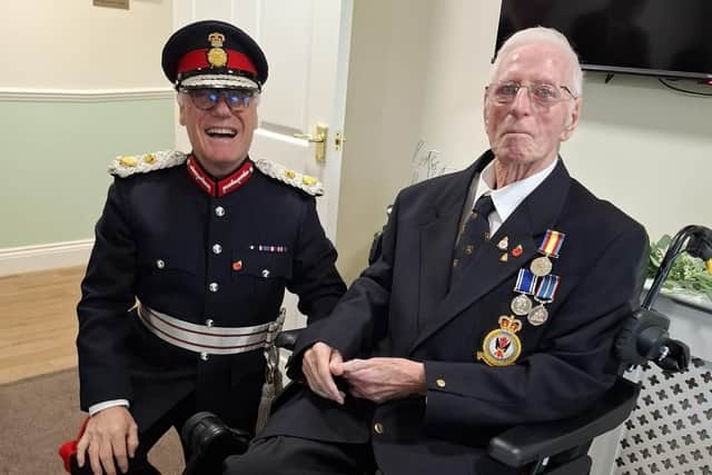 Lord Lt James Saunders Watson and Geoff 'Snowy' Smith with his Nuclear Test Medal /Rushden RBL