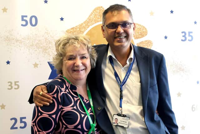 NGH Lead Cancer Nurse Elizabeth Summers, with 51-years-of-service, is pictured with Group Medical Director Hemant Nemade at the awards. /NGH