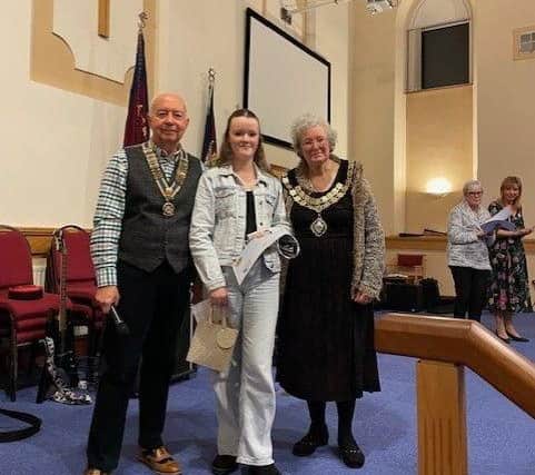 Winner of the Secondary Age Category, Millie, with President of Rotary Club Anton and Mayor of Rushden, Cllr Gill Mercer