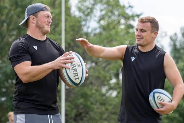 Alex Waller (left) has a chat with new signing Curtis Langdon during pre-season training at Saints (picture: Tom Kwah/Northampton Saints)
