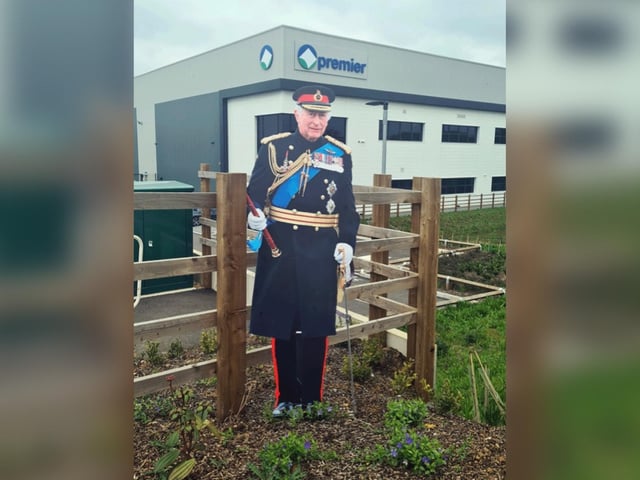 King Charles III outside Premier Paper in Wellingborough