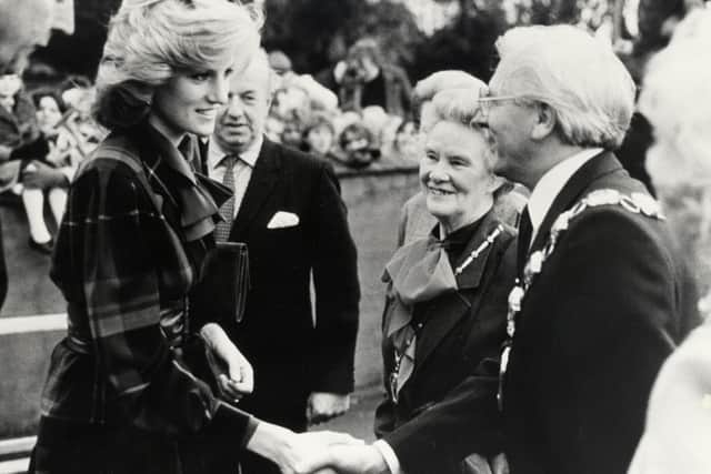 Princess Diana meets mayor and mayoress Cllr Robert and Denyse Fairhurst during a visit to the Victoria Centre in Wellingborough in 1984