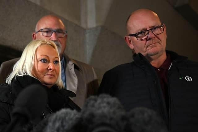 Harry's mum Charlotte Charles (left), dad Tim Dunn (right) and family spokesman Radd Seiger (middle).