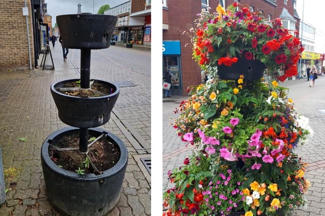 Flowers in the planters in High Street, Kettering and the empty tubs currently being using as ash trays and litter bins in 2024/National World