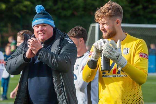 Jake Laban and Gary Setchell pictured following the FA Trophy penalty shootout win at Quorn in October (Picture: Jim Darrah)