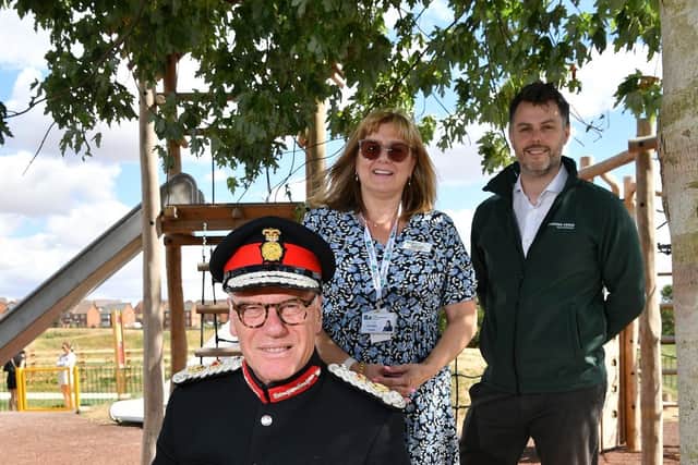 (L-R) Lord-Lieutenant of Northamptonshire, Cllr Helen Howell and Chris Tompkins, Pre-Construction Director at Stanton Cross