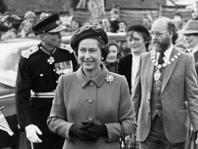 Retro Royal visit to Kettering and Corby for naming of Queen Elizabeth School. In Corby with council chairman Jim Thompson (beard) and Lt Col John Chandos-Pole.