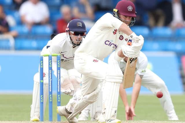 Skipper Luke Procter defends with a straight bat during his half-century for Northamptonshire against Middlesex (Picture: Warren Little/Getty Images)