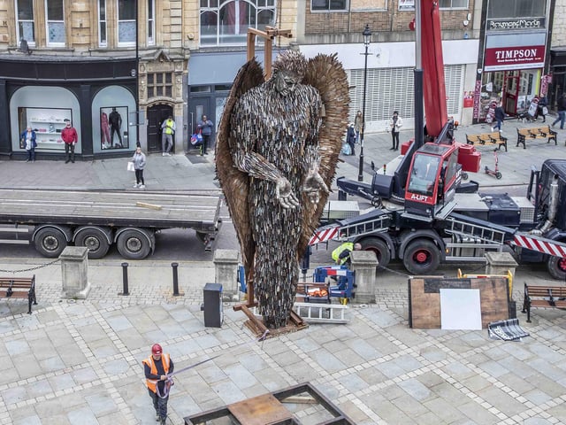 Slowly but surely, the statue is lowered into its new home for the next two weeks before it moves on to Wellingborough and Corby