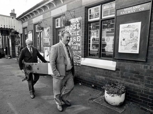 Chief engineer Ron Wilson and Rushden Historical Transport Society chairman Richard Woodcock on 'signal duty' at Rushden Train Station in September 1990