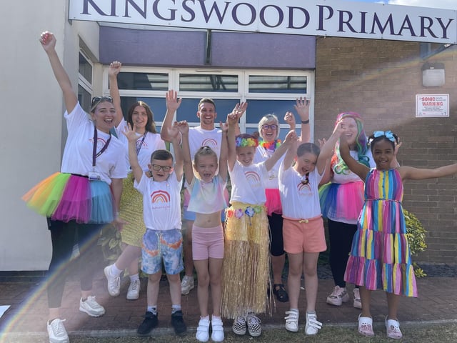 Our very first picture at the very first school we visited today, where Florence's dad is headteacher, and look at the rainbow that popped all the way across the photo!