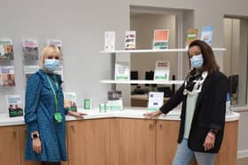 The first patient to visit the new Macmillan Cancer Support Centre, Leanne Hills, meets Macmillan cancer information specialist Danielle Mellows.