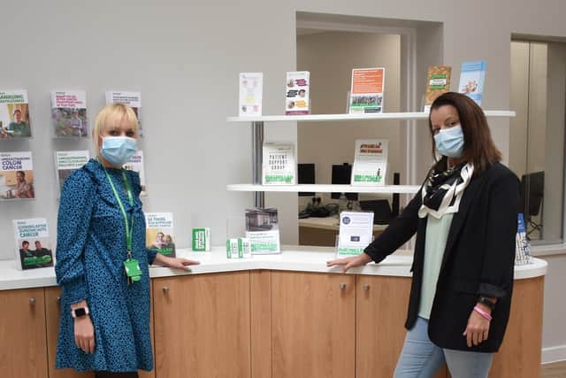 The first patient to visit the new Macmillan Cancer Support Centre, Leanne Hills, meets Macmillan cancer information specialist Danielle Mellows.