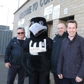 l-r Stevie Noble, Robbie the Raven,  Liam Warren (CTFC safety officer) and Tom Pursglove MP for Corby