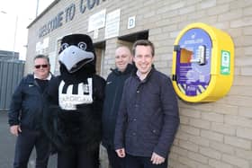 l-r Stevie Noble, Robbie the Raven,  Liam Warren (CTFC safety officer) and Tom Pursglove MP for Corby