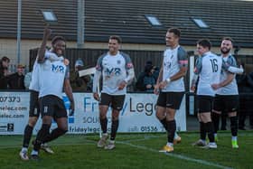 Hilton Arthur celebrates after heading home Corby Town's winner in the 2-1 success over Daventry Town. Picture by Jim Darrah