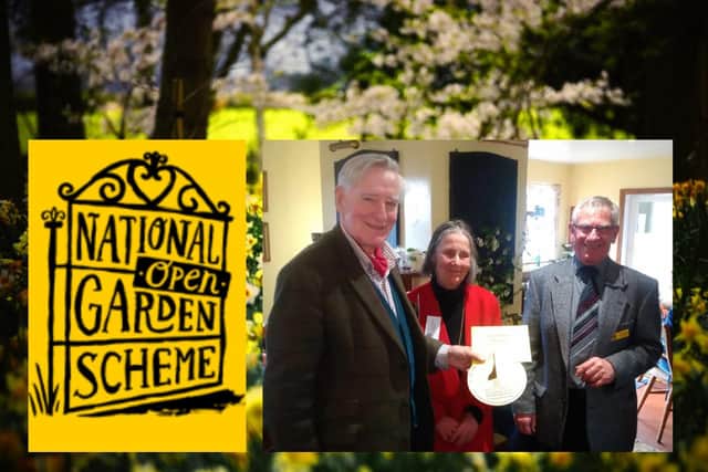 Sir Ewan and Lady Harper of Titchmarsh House presented with a sundial recognising their support for the National Garden Scheme Northamptonshire/ Johnny Ellson