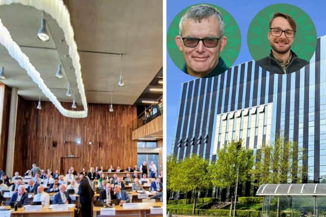 NNC council chamber in the Corby Cube/ Cllr Steve Geary and Cllr Ben Williams - both Green/IMG