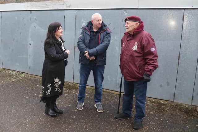 Eddie Hammond outside the garages in Gorse Road with Councillors Anne Lee and Robin Carter
