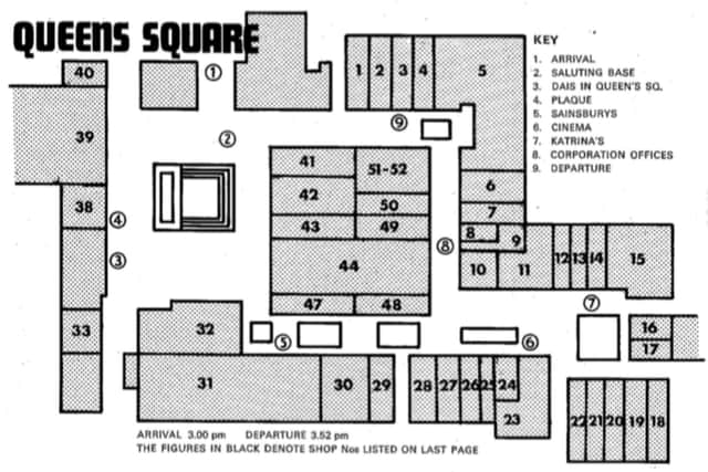 Map of Queen's Square from the day of the Queen Mother's visit