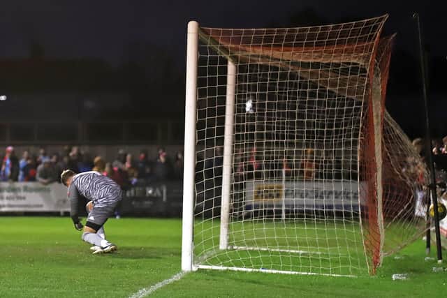 Andi Thanoj's shot flies into the Bedford net (Picture: Peter Short)
