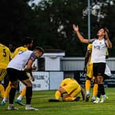 Drew Richardson can't believe it as a chance goes begging in Corby Town's 1-0 home defeat to Shepshed Dynamo. Picture by Jim Darrah