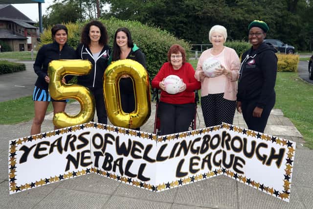 Wellingborough Netball League 50th anniversary l-r Patsy Mwanza, Suzanne Coleman, Chloe Mortimer, Pat Hyde, and Marion Neale (founder members), Jacqui Brown.