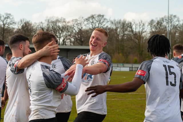 Michael Jacklin celebrates after scoring Corby Town's third goal in their 4-0 win over St Neots Town. Pictures by Jim Darrah