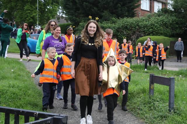 Grange Primary Academy pupils walk to school with the Mayor of Kettering Cllr Emily Fedorowycz