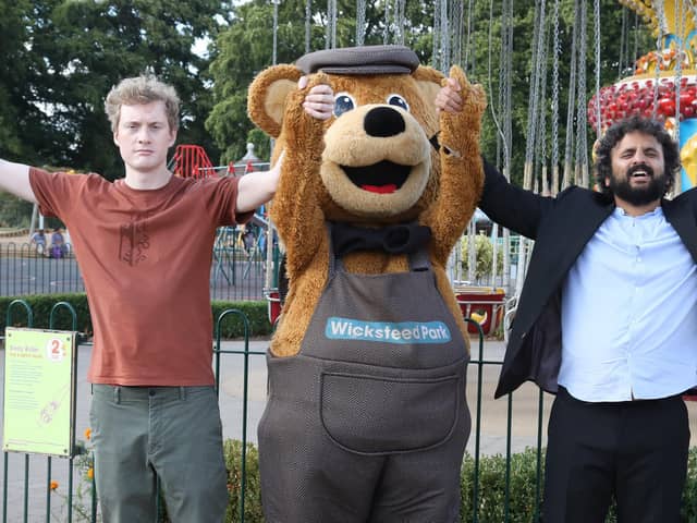 Kettering, Wicky Bear with James Acaster and Nish Kumar at Wicksteed Park in August, 2022/IMG
