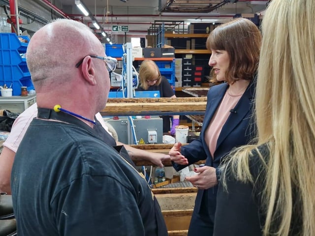 Rachel Reeves Shadow Chancellor visits Kettering Morrisons and Cheaney Shoes in Desborough with her sister Ellie Reeves and candidate Rosie Wrighting:Rachel Reeves in Kettering and Desborough