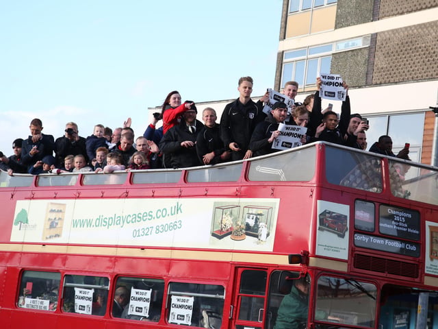 Corby Town FC open top bus parade from Steel Park May 2015