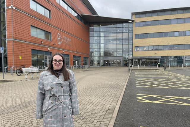 Chelsea Taylor of Wills Consultants outside Tresham College