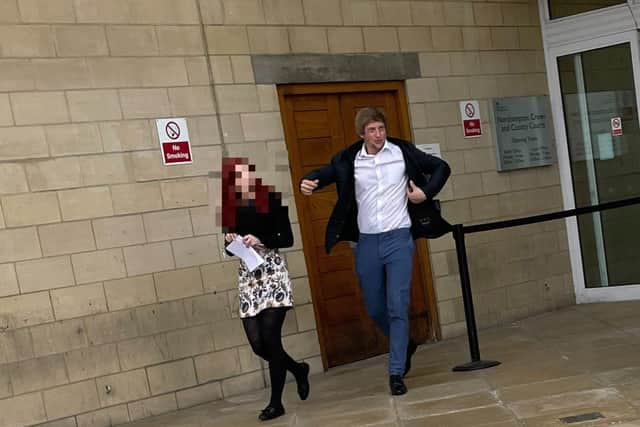 Owen Tysoe leaves Northampton Crown Court court with a supporter