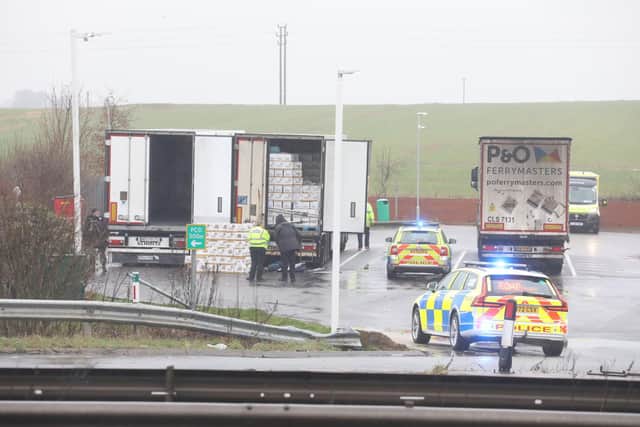 The scene on the A14 westbound this lunctime after a lorry-load of migrants were taken out of a lorry. Image: Alison Bagley