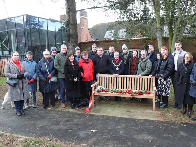 Kettering, bench dedicated to former councillor Mick Scrimshaw - official opening by Mayor of Kettering Keli Watts and Shona Scrimshaw - Mick's widow - and children Abbey and Jess were joined by friends and colleagues