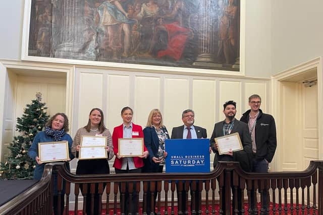 (L-R) Karen Williams, Abbie Todd, Cristina Paunoiu, Cllr Helen Howell, Pritesh Ganatra, David McClatchey and Peter Robinson