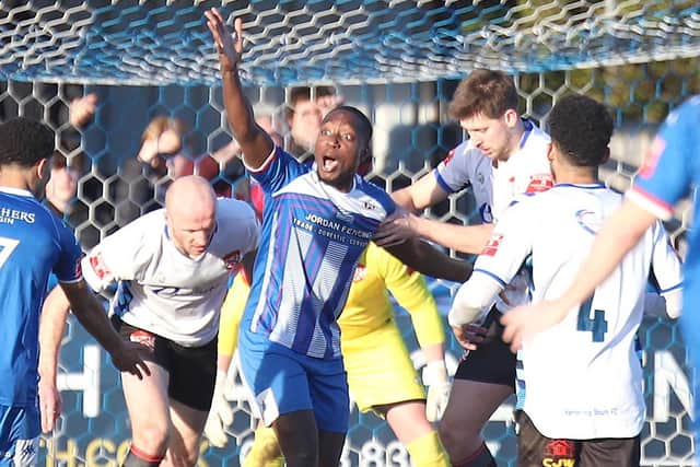 Jamar Loza in action for Leiston against Poppies earlier this season (Picture: Peter Short)