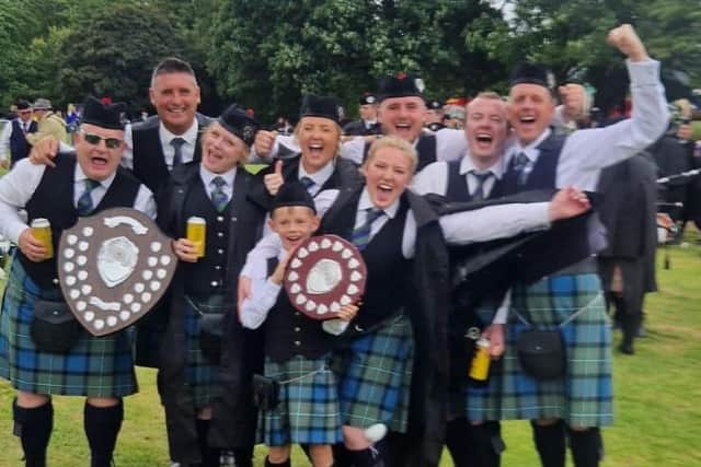 All the Corby musicians together after their success with Macánta, plus little superfan Cohen Wilson (drummer Nick Wilson's son). Image: Rob Muir.