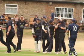 Brixworth celebrate claiming the final Burton Latimer wicket as they moved to the top of Division One in the Northants Cricket League. Pictures by Finbarr Carroll