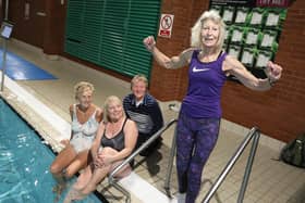 Aqua aerobics class members Tracey Tipler, Audrey Stirling and Yvonne Wellborn with Barbara Carter