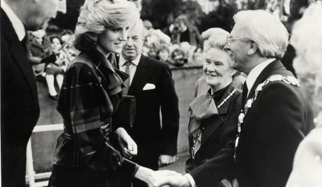 Princess Diana meets mayor and mayoress Cllr Robert and Denyse Fairhurst during a visit to the Victoria Centre in Wellingborough in 1984