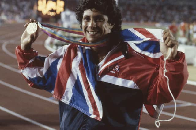 Bronze medallist Fatima Whitbread of Great Britain celebrating after the Women's Javelin Throw event on 6th August 1984 during the XXIII Olympic Games at the Los Angeles Memorial Coliseum in Los Angeles, California, United States. (Photo by Tony Duffy/Getty Images)