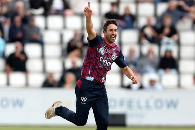 Steelbacks bowler Ben Sanderson celebrates taking the wicket of Liam Trevaskis (Photo by David Rogers/Getty Images)