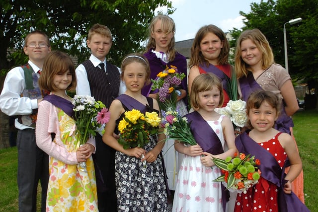 Woodford School May Day celebrations 2008 - May Queen Katie Spimpolo with Joel Cooper, Mitchell Adams Erin Munton, Georgina Hedley, Chloe Ireson, Sophie Frampton-Watts, Hanna Dickens, and Carry Gaze