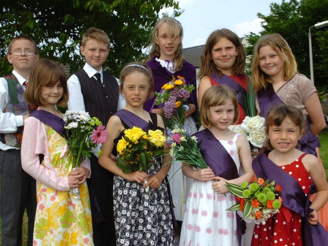 Woodford School May Day celebrations 2008 - May Queen Katie Spimpolo with Joel Cooper, Mitchell Adams Erin Munton, Georgina Hedley, Chloe Ireson, Sophie Frampton-Watts, Hanna Dickens, and Carry Gaze