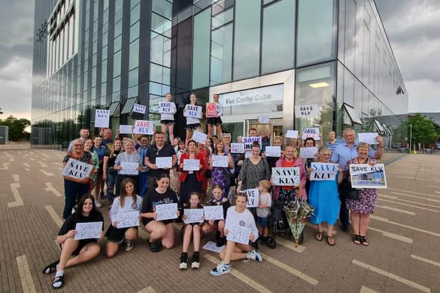 Protesters gathered outside the Corby Cube where North Northants Council councillors met to discuss Kettering Leisure Village